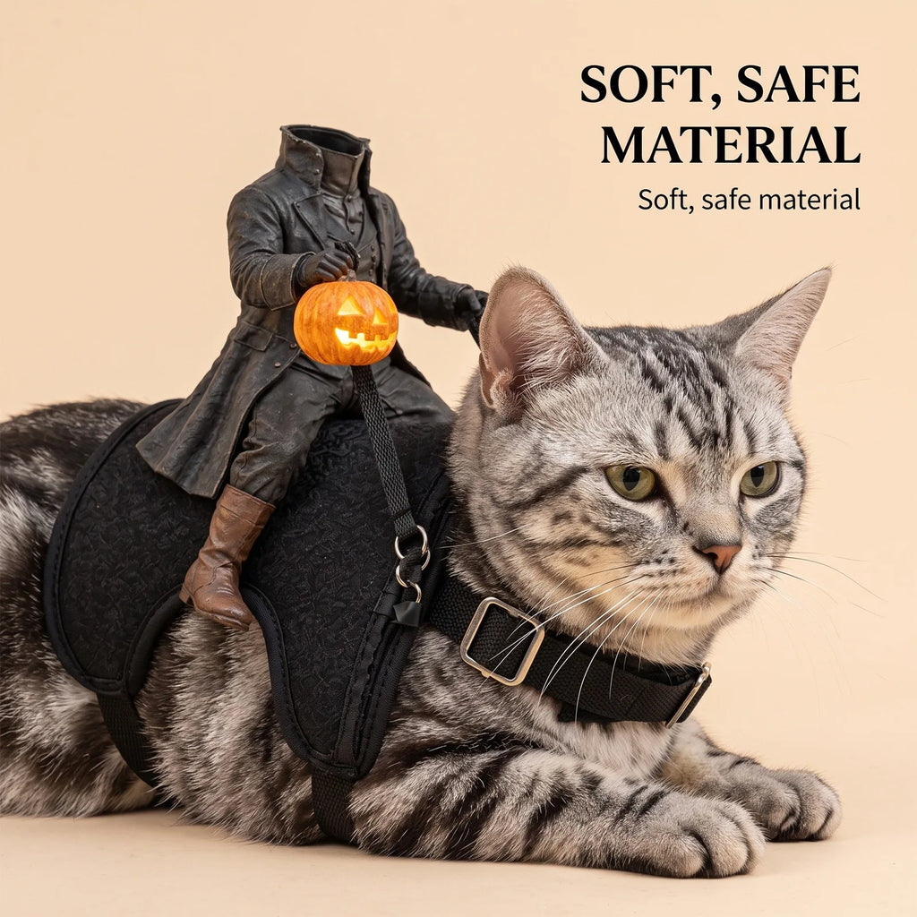 Pet wearing the Headless Horseman Rider costume for Halloween