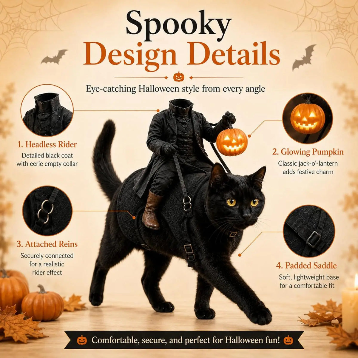 Headless Horseman Rider costume on a cat, side view