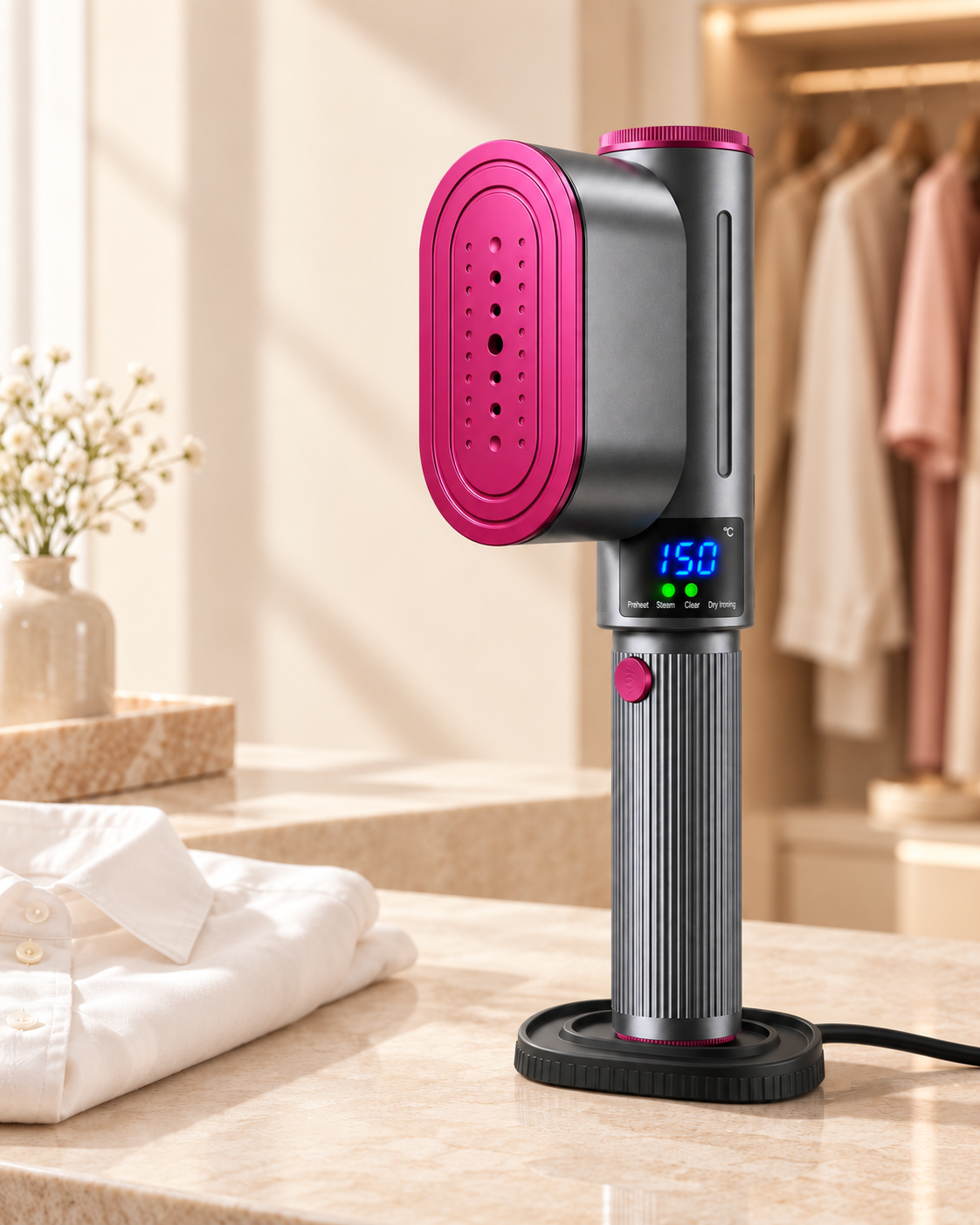 Digital garment steamer in a bright wardrobe setting